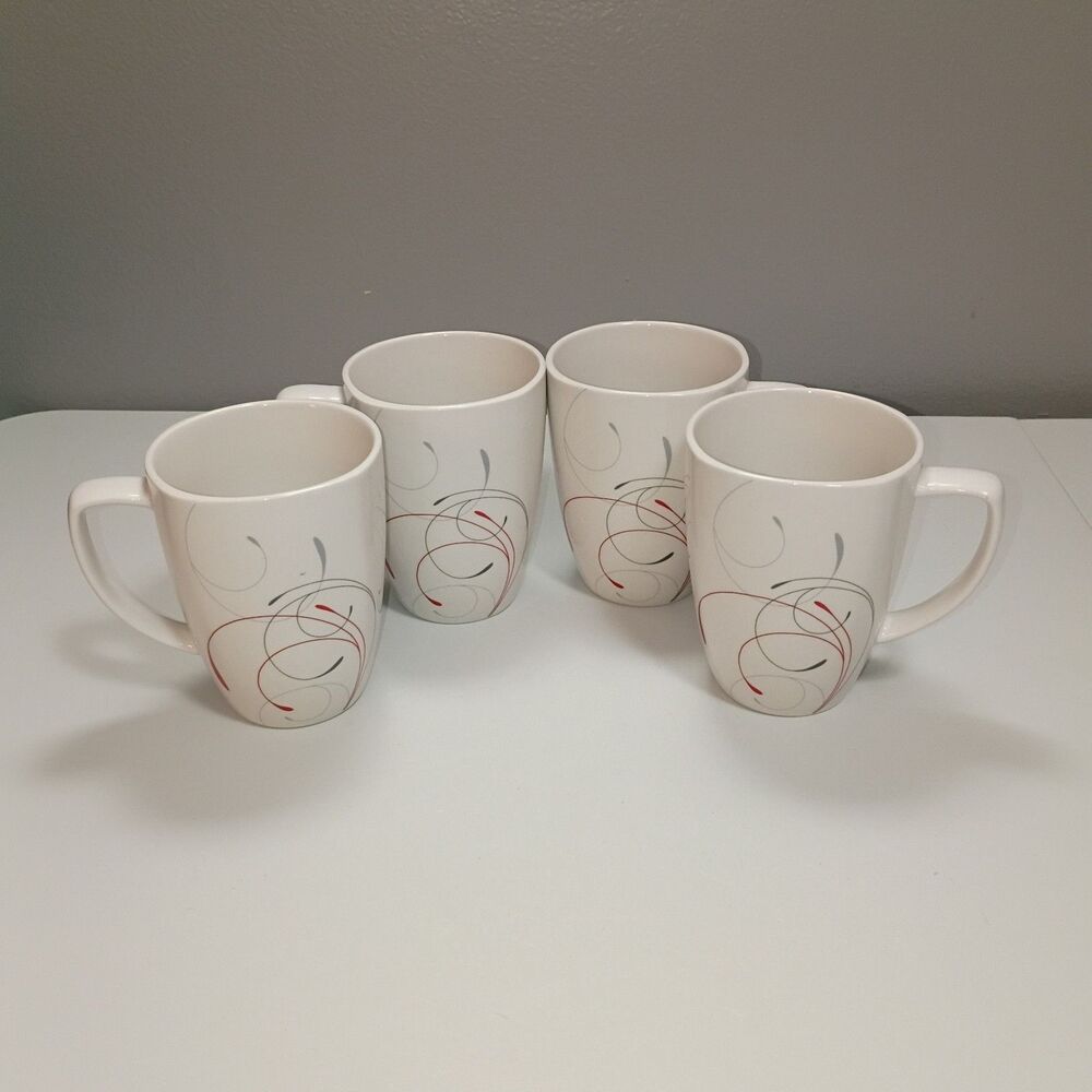 Set 4 Corelle Coordinates Splendor Mugs Red Gray Swirls Coffee Cups 12 oz